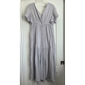 Cozy Earth Grey Gauze Flutter Short Sleeve Tier Boardwalk Breeze Maxi Dress Sz L